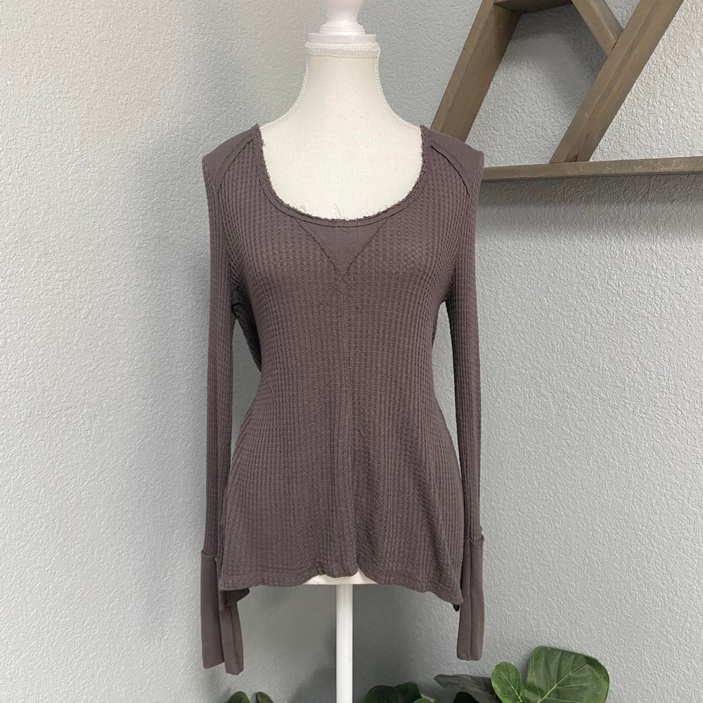 BROWN GREY WAFFLE KNIT LONG SLEEVE TOP COTTAGECORE SOFT GRUNGE ALT FAIRYCORE